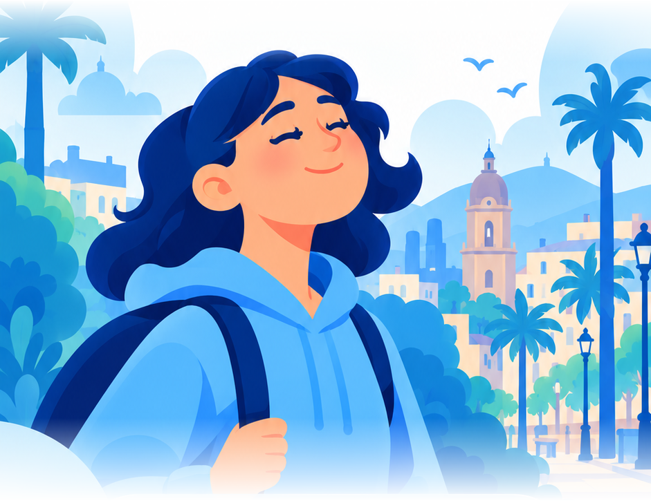 Ilustración: una chica camina tranquila por el centro de Málaga