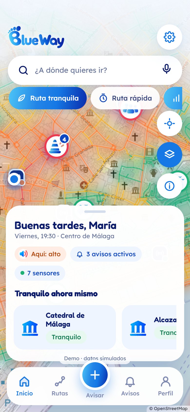 Pantalla principal de BlueWay: el mapa de Málaga coloreado según el ruido de cada calle